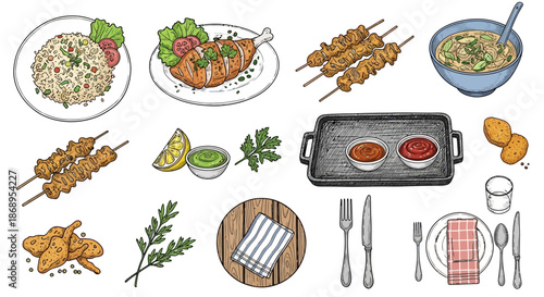 A collection of various cooked food dishes, ingredients, and dining utensils.