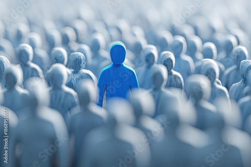 Blue figure stands out among a blurred grey crowd of anonymous people