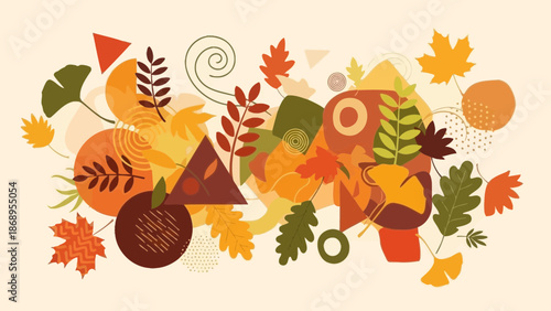 Autumnal abstract collage with geometric shapes and fall foliage illustration design