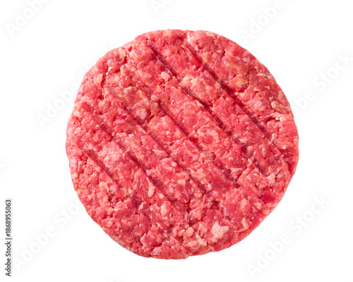 Raw minced beef patty for burgers isolated on white background, top view.