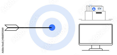 Recruitment process. Arrow hitting the target conveying precision in career search, CV folders for candidates, computer s digital recruitment. Careers, HR, hiring tools, digital career platforms