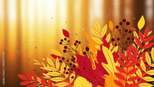 Autumnal foliage illustration with warm tones and stylized leaf elements, suitable for seasonal