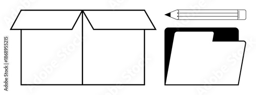 Storage solutions, organization, office supplies, paperwork management, stationery, productivity tools. An open box, a pencil and a folder. Storage solutions and organization symbols