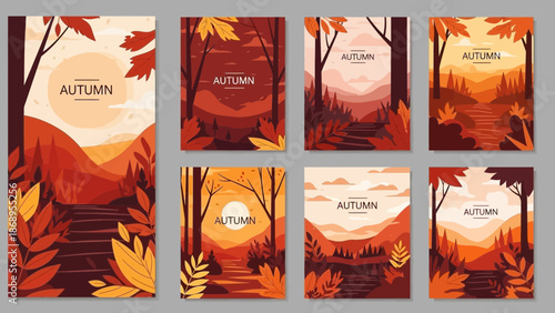 Autumnal vistas artfully designed in warm tones featuring nature, trees, and falling leaves