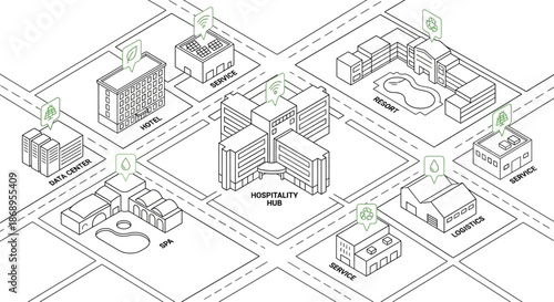 Isometric Smart City Infrastructure Diagram featuring Hospitality Hub, Resort, and Green Energy Icons. Clean Line Art for Sustainable Urban Planning, Logistics, and Integrated Systems.