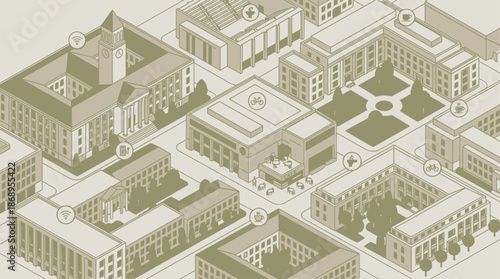 Isometric Smart Campus System Diagram with University Buildings, Clock Tower, and Stadium in Monochrome Sage Green for Urban Planning and Educational Infrastructure