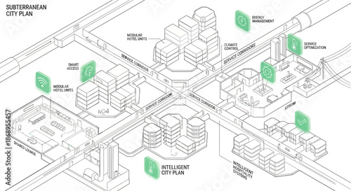Isometric Subterranean City Plan with Modular Hotel Units and Smart Building Systems, Future Underground Urban Architecture Infographic for Energy Management and Hospitality