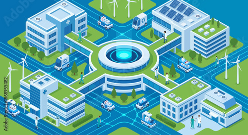 Futuristic Isometric Smart City Layout featuring Sustainable Hospital Complex, Renewable Energy Systems, Wind Turbines, Solar Panels, and Autonomous Electric Transport for Green Technology