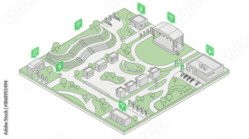 Isometric Smart City Park Diagram for Urban Planning, Sustainable Public Space with IoT Connectivity Icons, Wi-Fi Hotspots and EV Charging Stations in Clean Green Minimalist Style