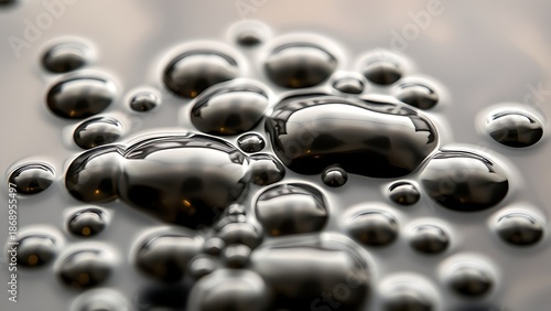 colloid. Droplets of water merging on an oil surface, glossy clusters close-up. event key visuals, club posters, designed for fitness apps and gym onboarding, supports training.