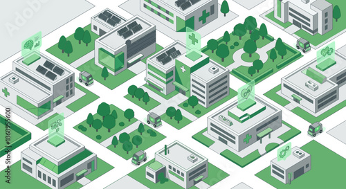 Isometric smart city diagram of a futuristic healthcare network with connected hospitals and sustainable green technology for medical innovation.