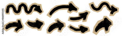 Hand drawn vector grunge arrows set for scrapbook collage design. Bold chalk texture, rough scribble lines create expressive navigation elements for journals, zines, DIY crafts, creative paper layouts