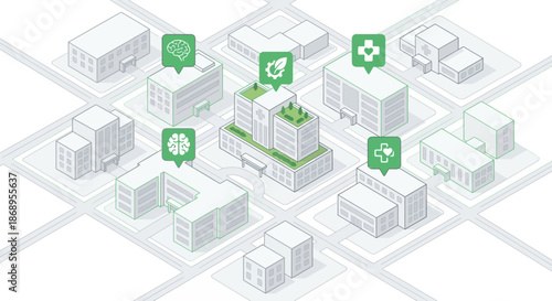 Isometric healthcare network diagram of a smart city medical system with green health icons. Modern vector illustration for presentations and infographics.