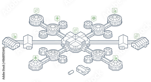 Futuristic eco-city isometric diagram with renewable energy icons. Sustainable community line art illustration for technology and business concepts.