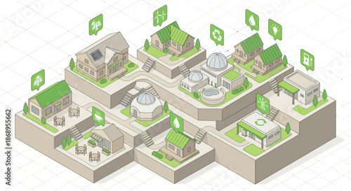Isometric sustainable city diagram showing a green energy system. Eco-friendly community illustration for urban planning and renewable technology concepts.