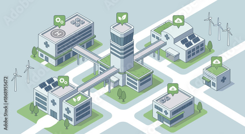 Isometric smart hospital system diagram showing a sustainable medical campus with green energy, cloud technology, and interconnected buildings.