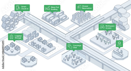 Futuristic airport lounge and co-working space isometric diagram showing automated services for customer experience and travel technology.