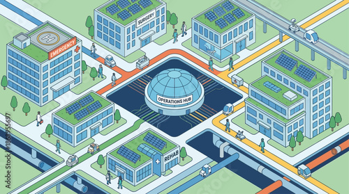 Isometric illustration of a smart hospital network showing healthcare innovation, a central operations hub, and sustainable technology for digital transformation.
