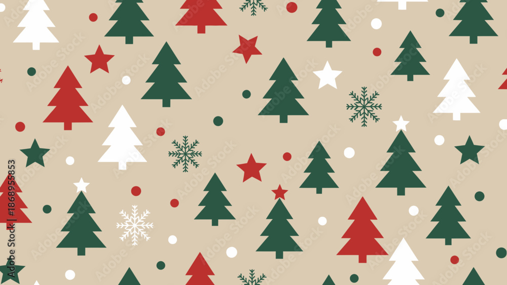 Obraz premium Festive Christmas Holiday Pattern Featuring Trees Stars and Snowflakes on a Beige Background
