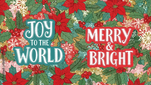 Festive Christmas cheer pattern with poinsettias, snowflakes and joyful holiday greetings