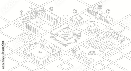 Isometric Smart Hospitality Hub System Diagram with Hotel Resort and Spa. Minimalist Architectural Line Art for Sustainable Urban Planning, Facility Management, and Tourism Infrastructure.