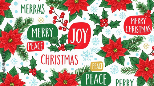 Festive Christmas illustration seamless pattern featuring poinsettias, holly, and joyful holiday