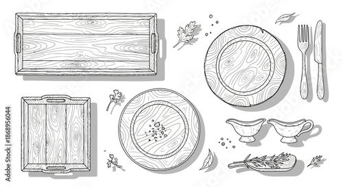 Top view sketch of wooden kitchenware and dining items including trays, plates, cutlery, and gravy boats with spices.