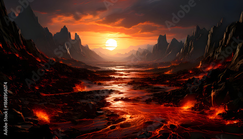 A view of the sunset, lava flow and mountain silhouettes