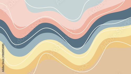 Gentle waves of pastel hues create a calming abstract background with white curved lines for