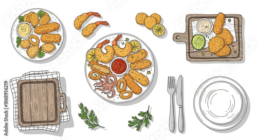 An overhead view of various fried seafood dishes including shrimp, calamari, fish sticks, and nuggets, served with dipping sauces and lemon, alongside empty plates and cutlery.