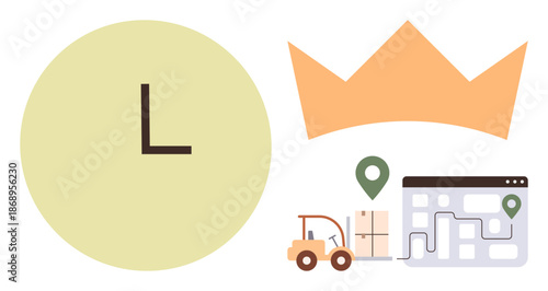 Logistics, supply chain management, delivery services, time efficiency, business leadership, e-commerce solutions. Clock, crown delivery truck map with location pins. Logistics and time efficiency