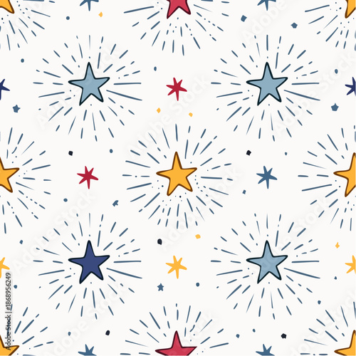 Colorful star pattern with various stars and dots on a white background