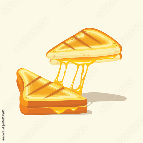 A flat illustration of grilled bread with melted cheese stretching apart, suitable for breakfast menus and cafe promotions.