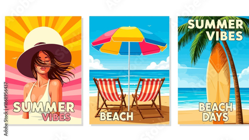 Vibrant summer holiday vector designs featuring beach vibes and seasonal relaxation themes