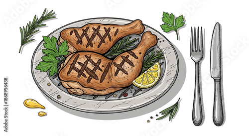 Hand-drawn illustration of two grilled chicken drumsticks on a plate with herbs and lemon, accompanied by cutlery.