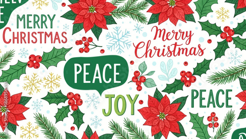 Whimsical holiday season seamless pattern featuring poinsettias holly and festive greetings art