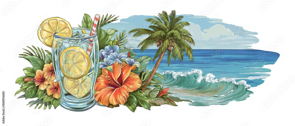 Obraz premium Refreshing Summer Beverage with Tropical Elements and Ocean Waves Background