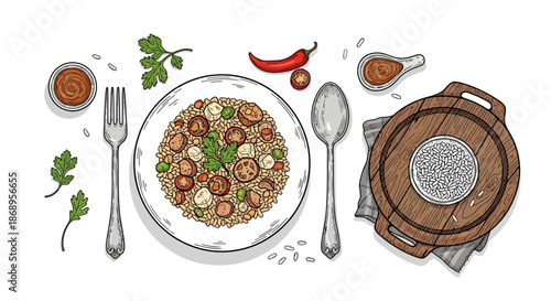 Top-down illustration of a savory grain dish with mushrooms and peas, served with cutlery and sauces on a white background.
