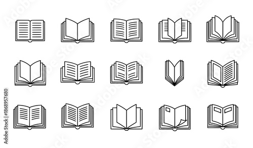 Open book UI outline icon set linear education symbols vector illustration for apps and e-learning