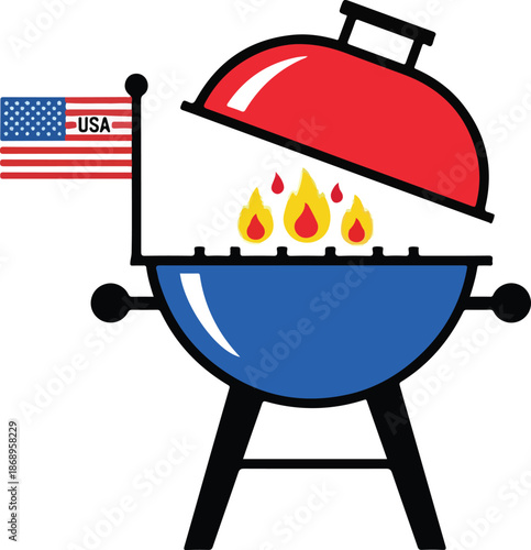 American barbecue grill with an open lid and a waving flag of the United States of America