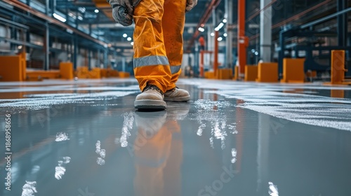 Industrial setting with a person in safety attire standing on a polished, reflective floor