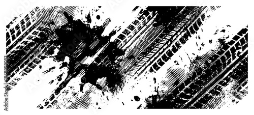 Abstract grunge tire tracks background with messy mud splatter and ink texture