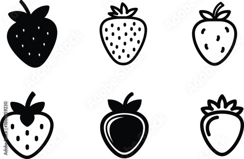 set of six different strawberry illustrations in black and white