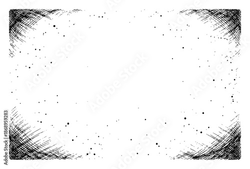 Abstract grunge frame with cross hatching corners and ink splatter