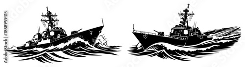 Two military warships sailing rapidly through ocean waves