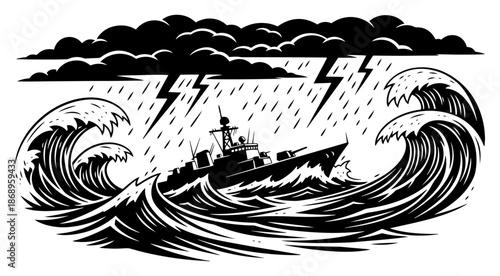 Warship sailing in heavy storm with lightning and huge waves