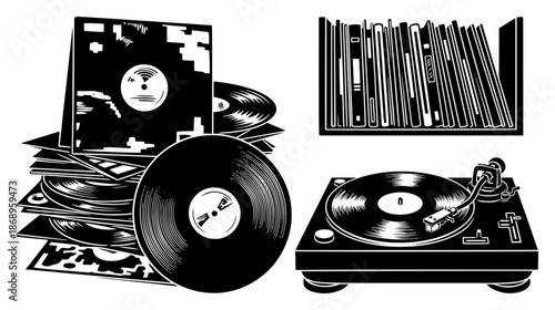 Vintage vinyl record player and album collection illustrations