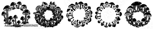 Set of circular decorative frames made of mushrooms and forest fungi