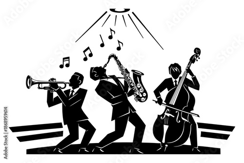 Jazz band trio playing instruments under stage spotlight