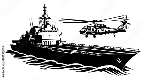 Military warship with helicopter flying above ocean waves sketch